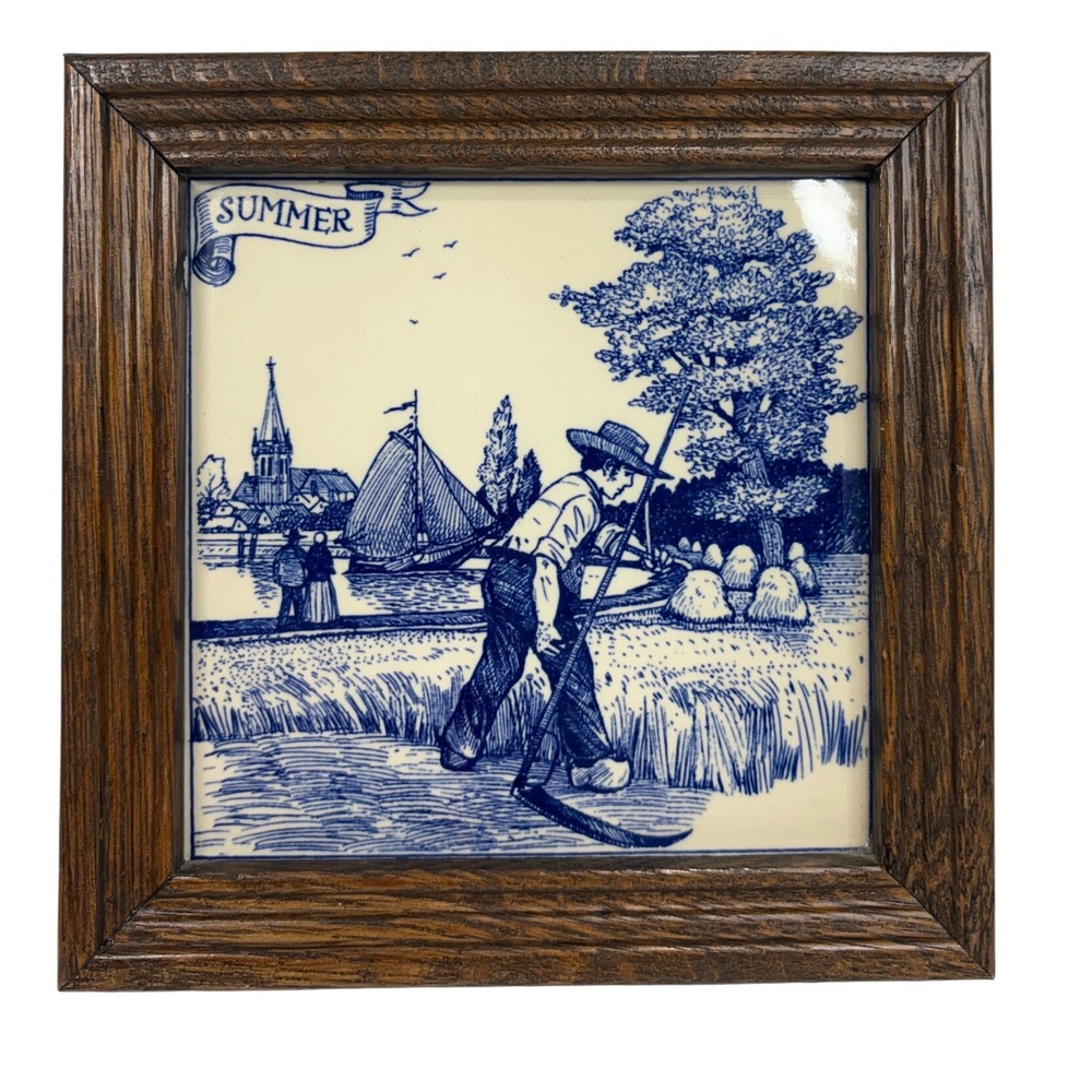 Delfts Schoonhoven Holland Handmade Summer Blue White Framed Tile Art 7.25in